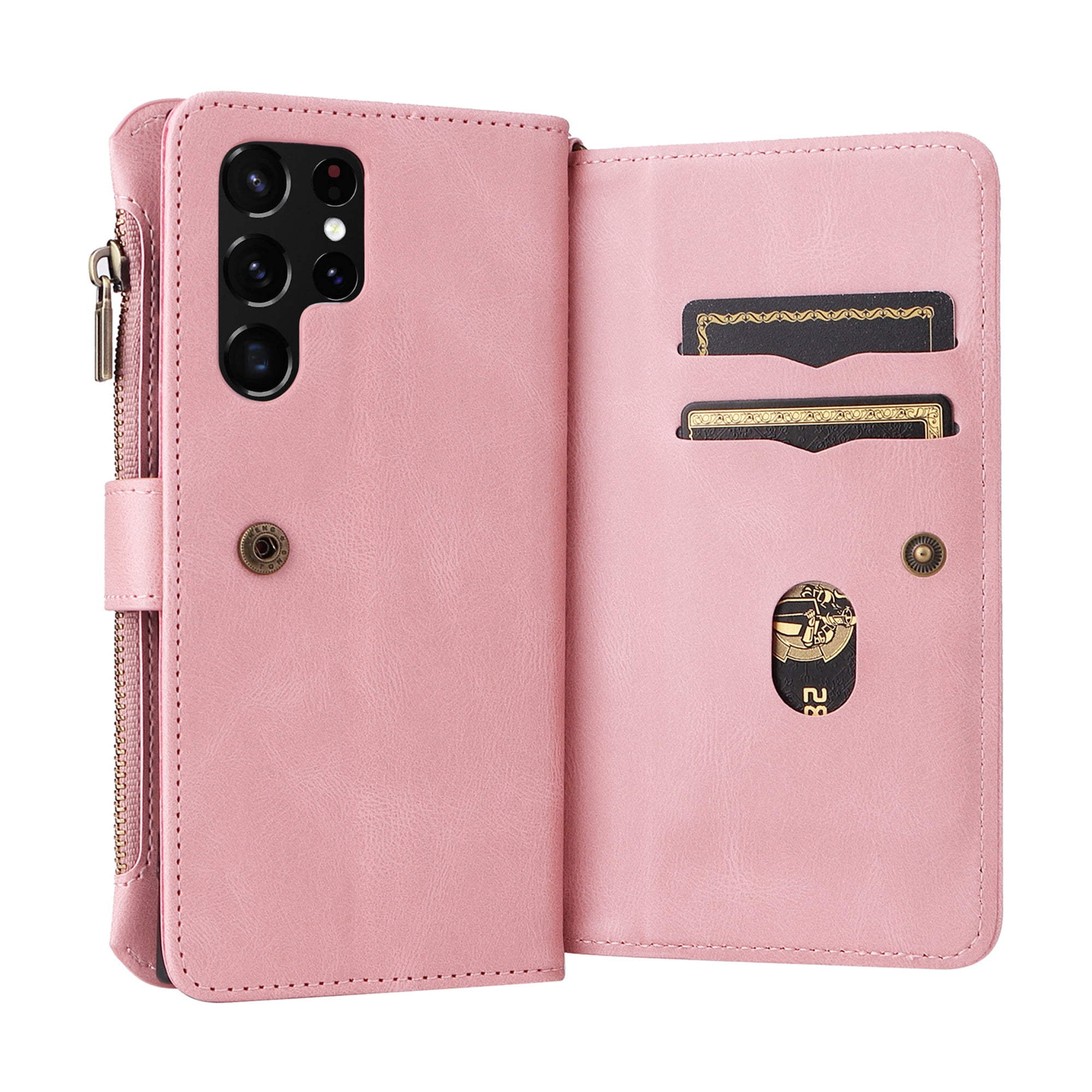 Phone Case for Samsung Galaxy S24 Ultra, S24 Ultra Wallet Case, Luxury Folio Flip Leather Cover [Zipper Pocket] [Wrist Strap] [Kickstand] for Samsung Galaxy S24 Ultra, Pink