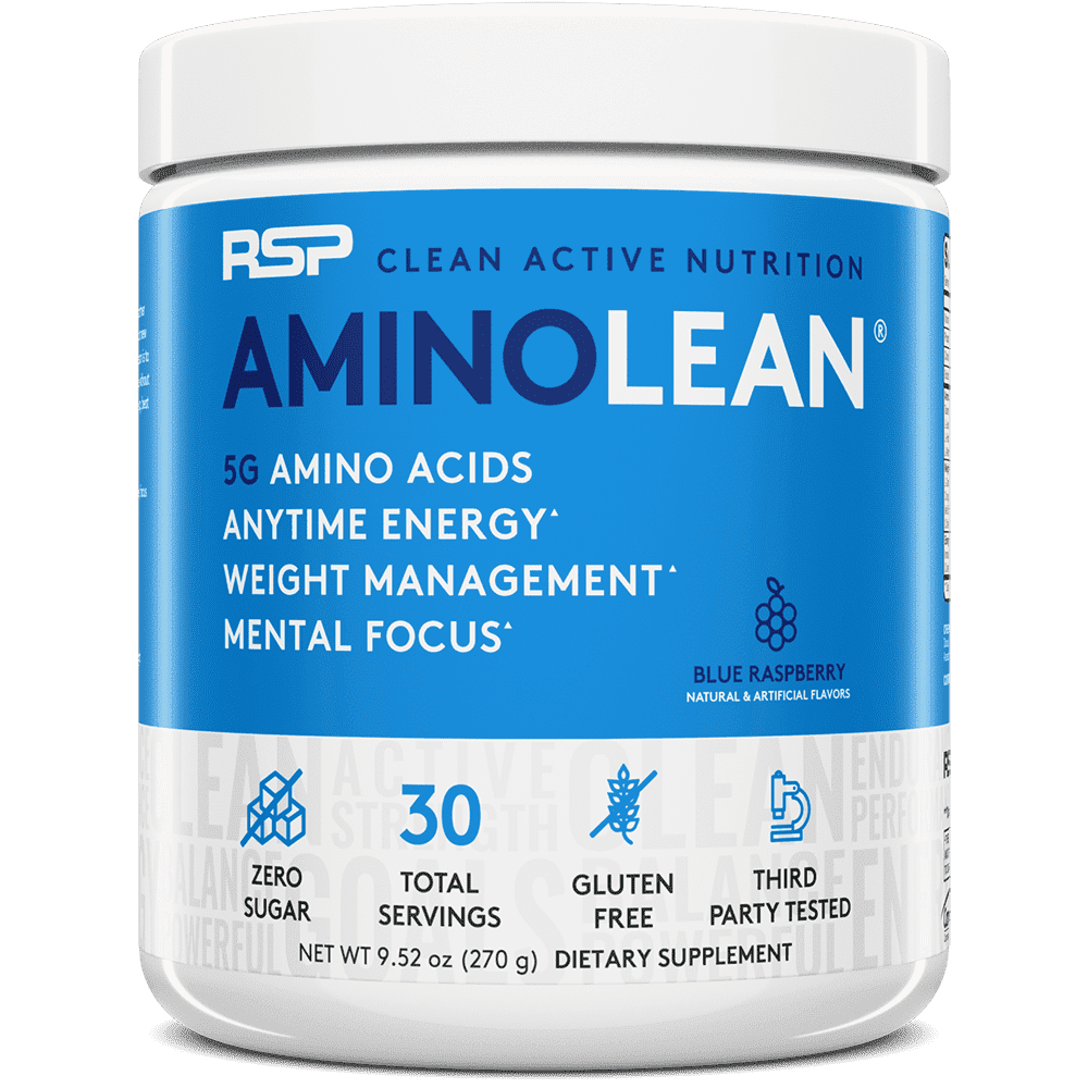 RSP Nutrition AminoLean Pre Workout Powder with BCAAs, Amino Energy for Lean Muscle, Blue Raspberry Flavor, 30 Servings