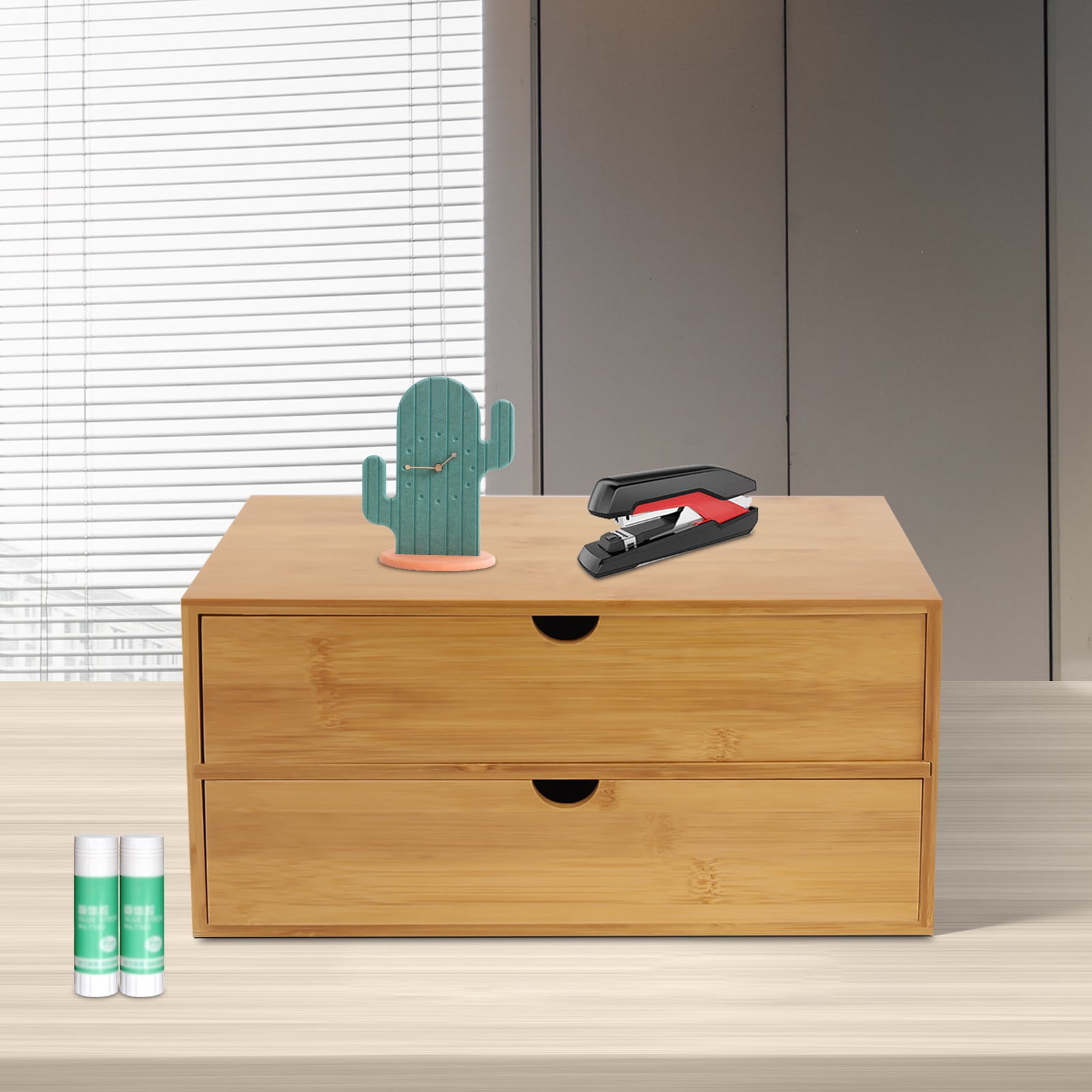 Wildnix Large Capacity Desk Organizer, 2 Drawers, Varnish Coated for Office Supplies and Cosmetics, Durable Nan Bamboo Design, Minimalistic