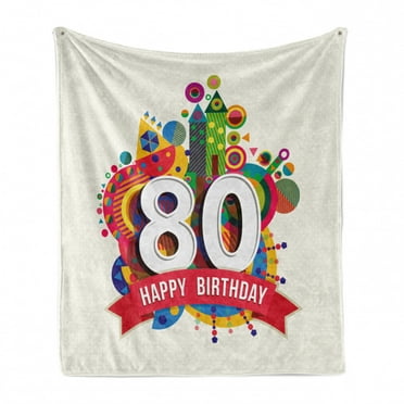80th Birthday Soft Flannel Fleece Throw Blanket, Happy Party Ribbon Geometrical Castle Boat and Shapes Image Print, Cozy Plush for Indoor and Outdoor Use, 70" x 90", Multicolor, by Ambesonne