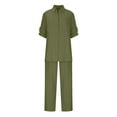 thumbnail image 5 of YUGYXL Women's 2 Piece Set Summer Linen Vacation Outfits Fashion Button Lapel Half Sleeve Shirts and Wide Leg Pants Casual Loungewear Outfits Gift for Girlfrind Army Green,S, 5 of 8