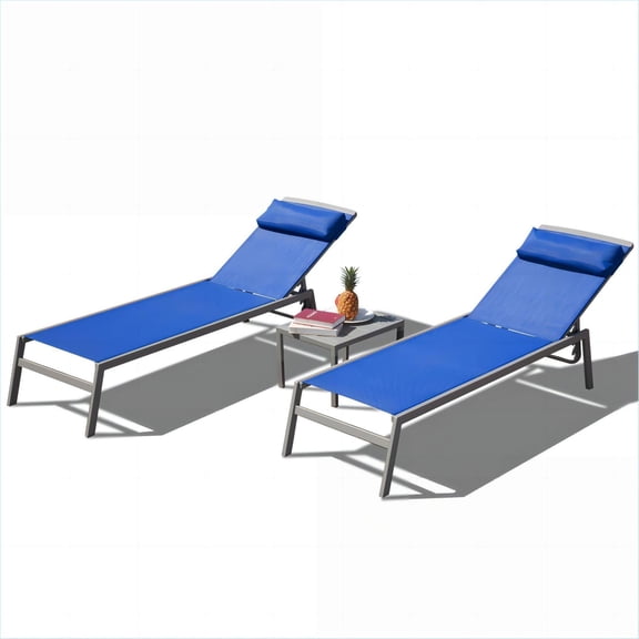 Outdoor Lounge Chairs, 3 Piece Adjustable Chaise Set for Patio Poolside Backyard, with Side Table | sky blue | Aluminum