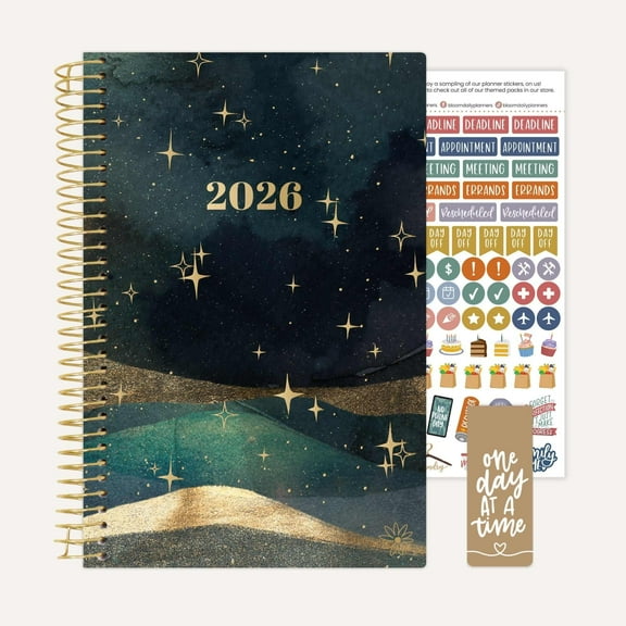 bloom daily planners 2026 Weekly & Monthly Planner, 5.5" x 8.25", Celestial Skies, Soft Cover with Stickers & Bookmark