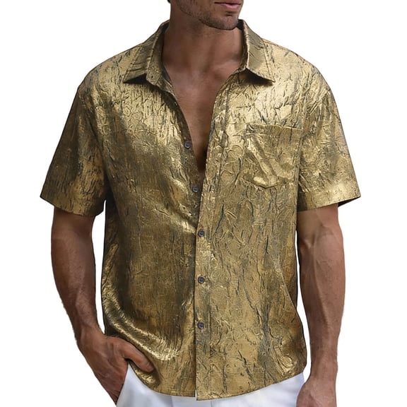 Tisuna Mens Shirts Short Sleeve Button Down Breathable Summer T-Shirts Mens Classic Collared Beach Shirts For Holiday Casual Wear Gold Size L