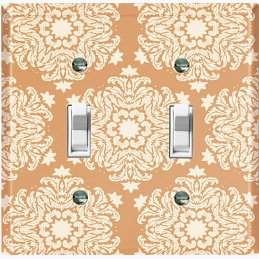 Metal Light Switch Plate Outlet Cover (Damask Snow Flake Tan Pattern - Double Toggle)