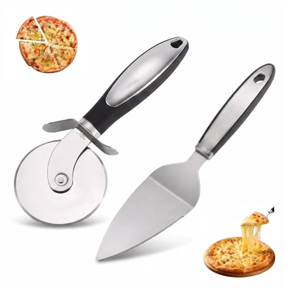 2-Piece Stainless Steel Pizza Cutter & Serving Spatula Set, Non-Slip Ergonomic Handle, Multi-Functional Kitchen Slicer for Pizza, Cake, Pastry, Dishwasher Safe