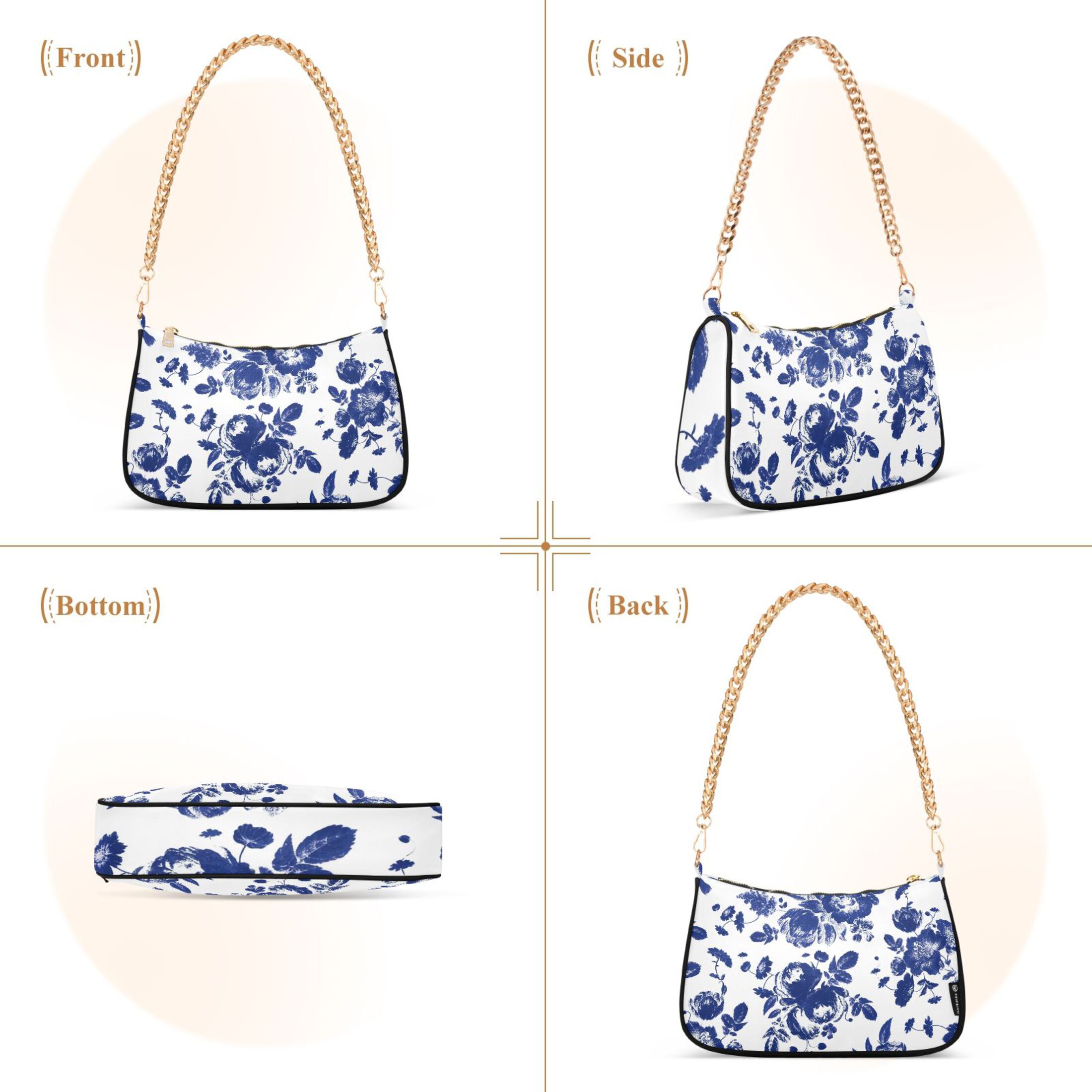 Blue and White Flowers Womens Chain Shoulder Bag Tote Handbag Clutch Hobo Purse with Zipper for Travel Casual