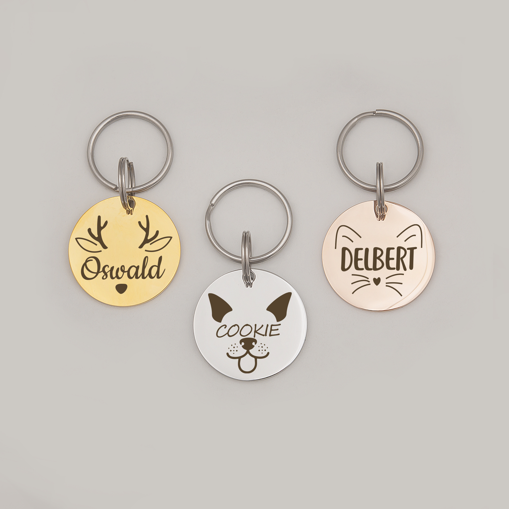 Anavia Metal Stainless Steel Round Name - Animal Face Birthday Holiday Christmas Engraved Dog Cat ID Tag, Silver