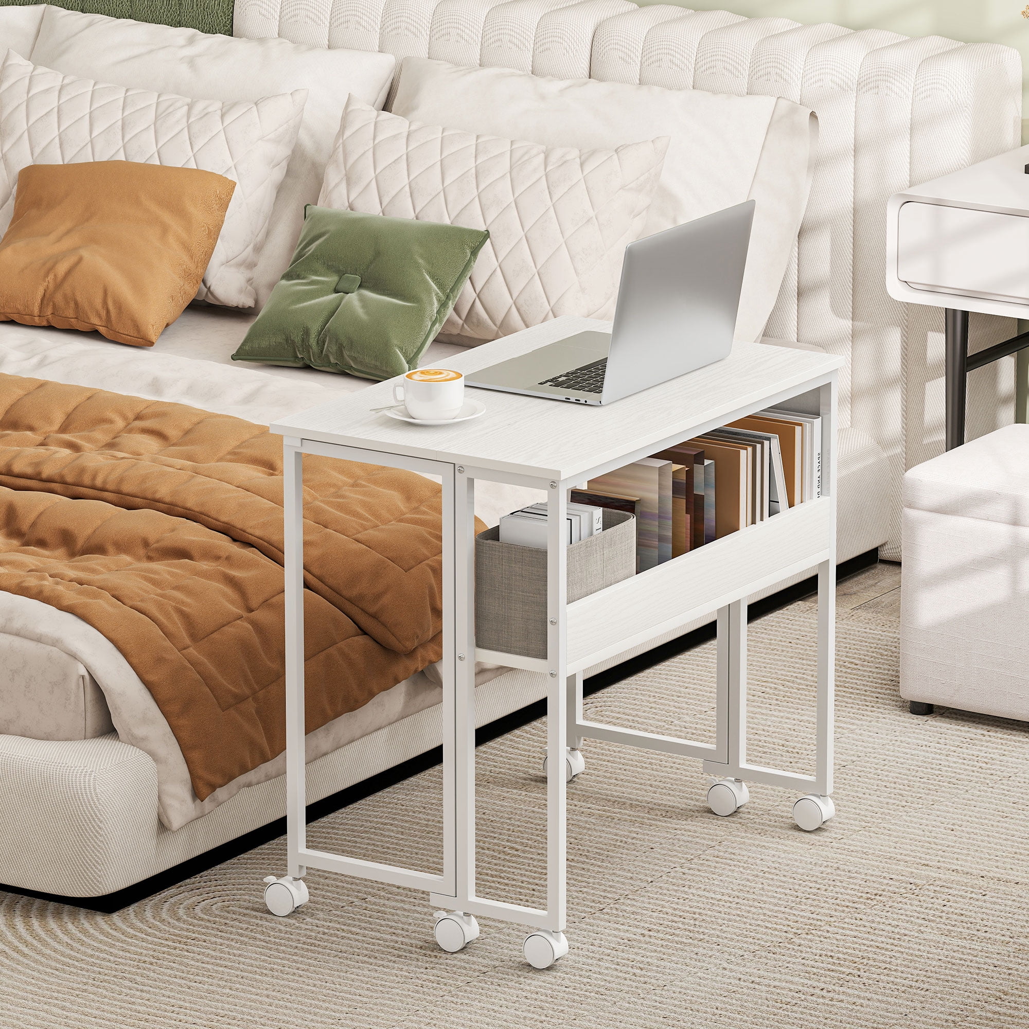 HOMCOM Small Folding Desk, 31.5" Foldable Computer Desk with Storage Bag, Shelf and Wheels for Small Spaces, Home Office, Easy Assembly, White