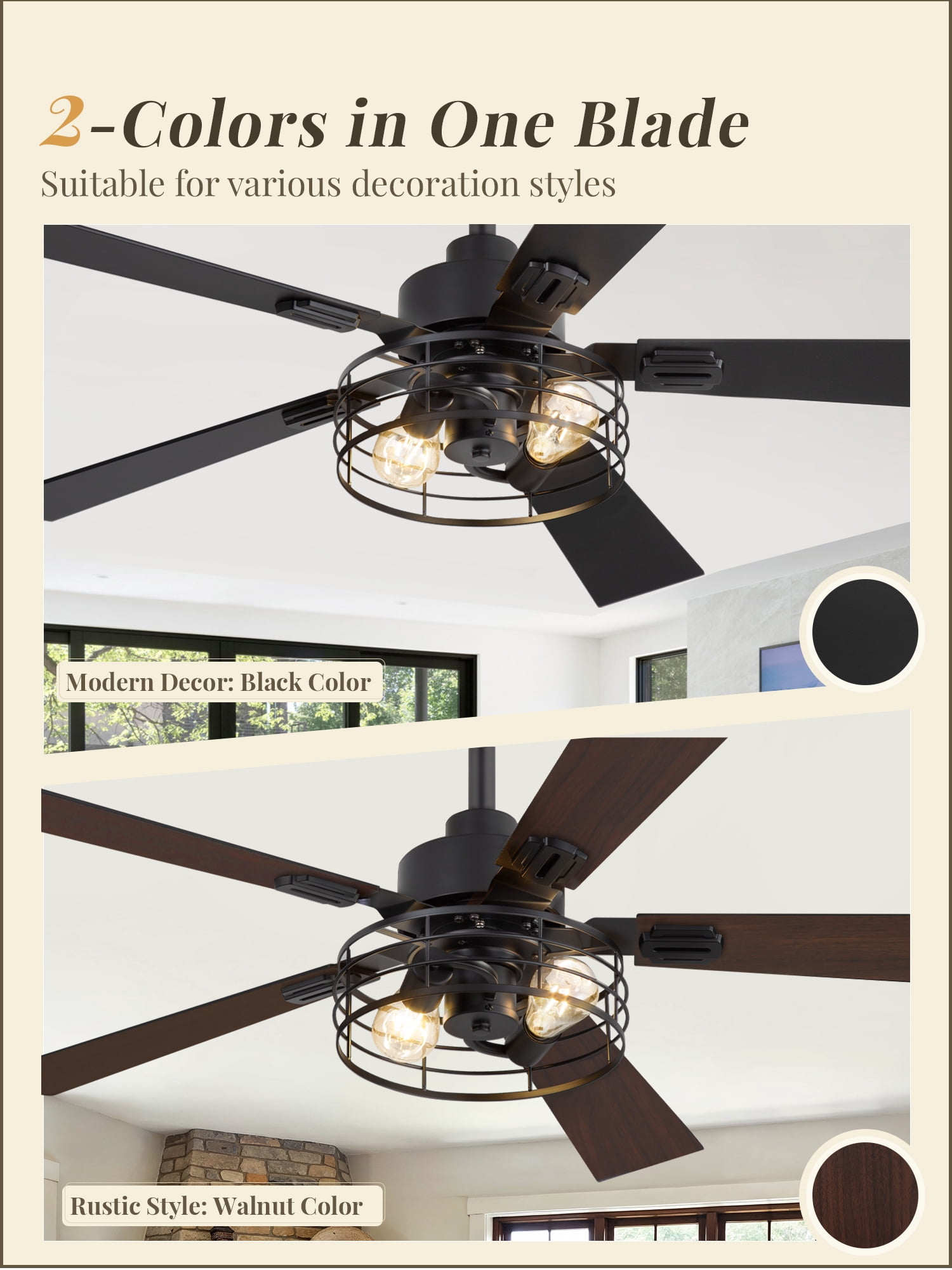 Lokivas 48" 2 Pack Caged Farmhouse Ceiling Fan with Lights, 6-Speed Reversible DC Motor, Double-Sided Blades, Black