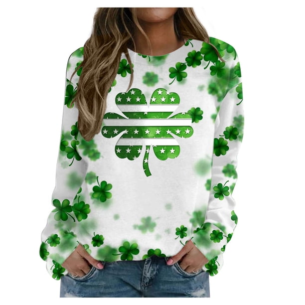 Xuyuer St. Patrick's Day Sweatshirts for Women Shamrock Shirt Clover Printed Irish Gift Casual Loose Long Sleeve Fit Tops