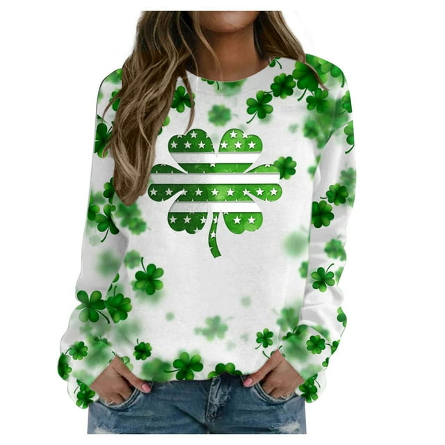 Qepwscx Long Sleeve Shirts For Women St Patricks Day Crewneck Sweatshirt Irish Shamrock Printed Pullover Sweatshirt Tops, Tees & Blouses Green Spring Fall Graphic T-Shirt Holiday Tee Top