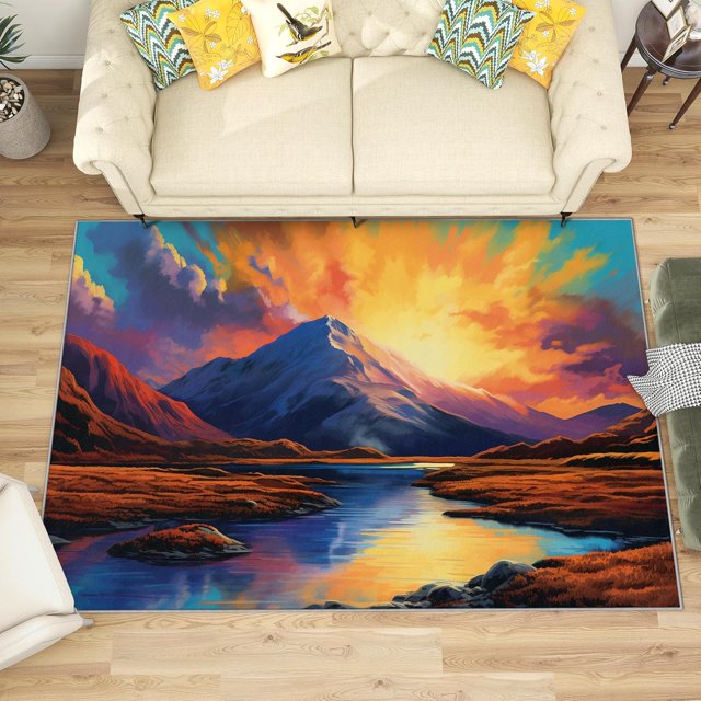 2x3 Rug, Sunset Door Mat Washable Non Slip Soft for Entryway, Mountain River Landscape Rug, Sunset Scenery Carpet, Sunset Home Decor & Gifts