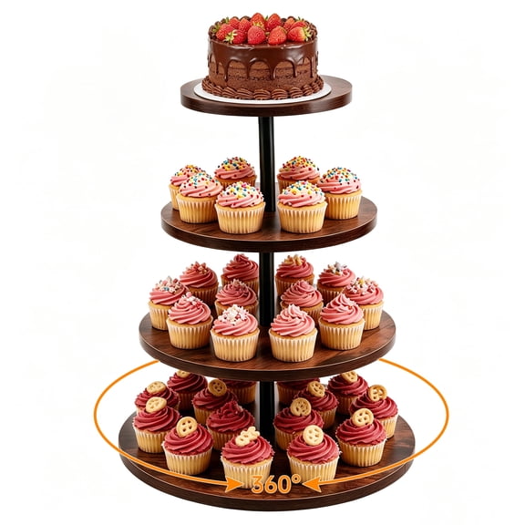 Qissep 4 Tier Cupcake Stand for 38 Cupcakes, 360 Rotatable Wooden Round Tier Tray Stand, Cupcake Holder, Round Tiered Tray Serving Display for Weddings Birthday Baby Shower Tea Party