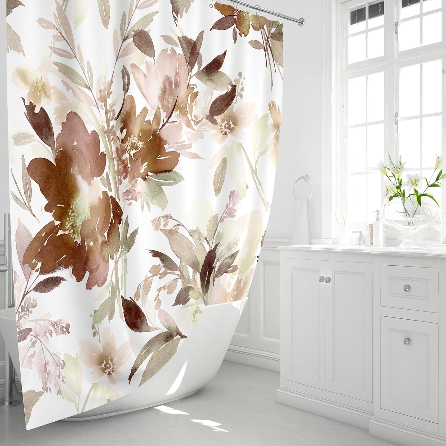 Brown Floral Shower Curtain, Watercolor Flower Shower Curtain for Bathroom, Modern Abstract Ink Decorative Fabric Shower Curtain Set with Hooks 72x72