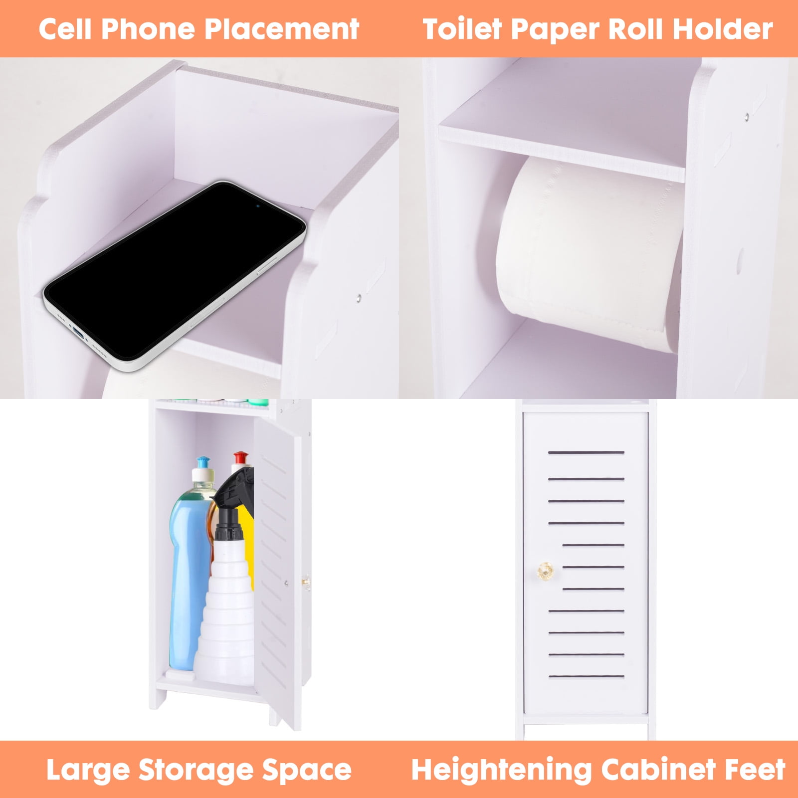 YOYTOO Bathroom Storage Cabinet with Doors and Shelves, Toilet Paper Roller Holders Free Standing Organizer for Small Spaces