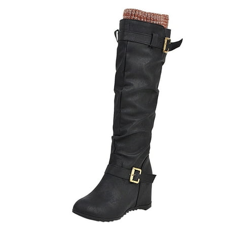 

Mackneog Women s Medium Boot Wedges Flat Shoes Fashion Medium Boot Black 8