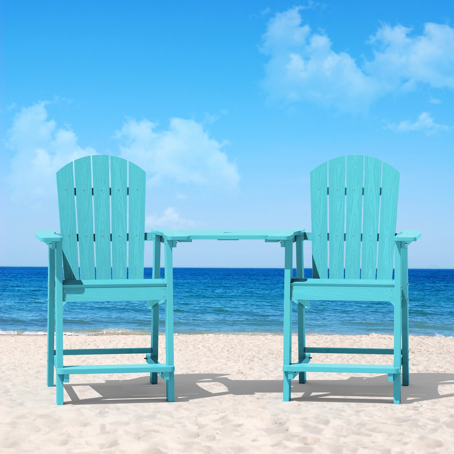 WINSOON Tall Adirondack Chair Set of 2 with Connecting Tray,Outdoor Bar Stools-Baby Blue