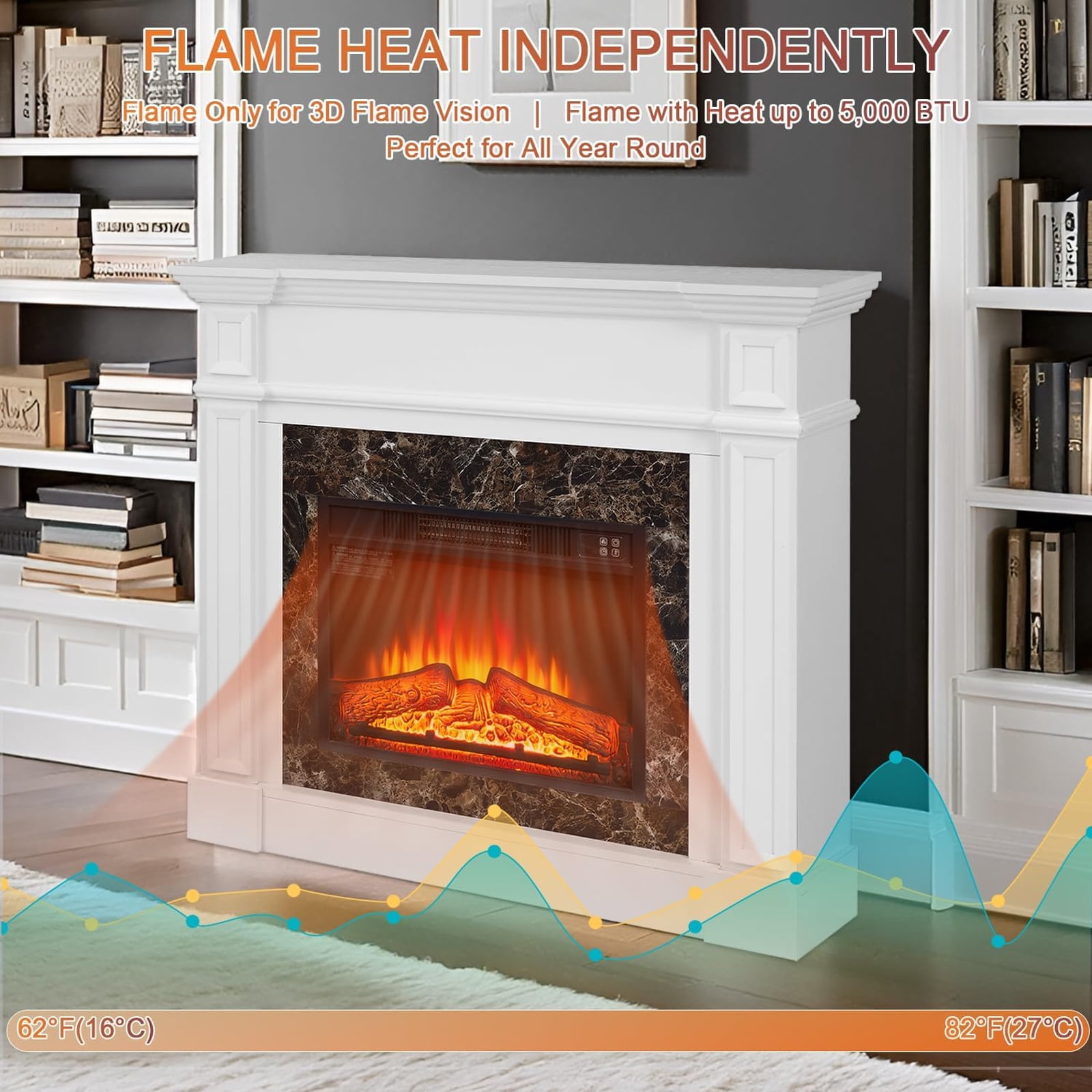 HZWDD 45" Electric Fireplace with Mantel, Fireplace Heater Freestanding, Realistic Stacked Stone Surround with Remote Control Timer LED Flame