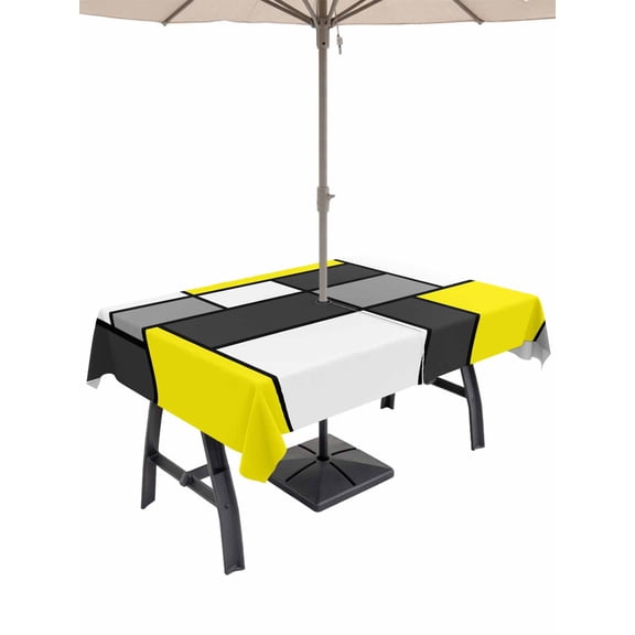 Outdoor Tablecloth with Umbrella Hole for Patio/Picnic/Party/Camping, Modern Geometric Yellow Black Waterproof Table Cloth Rectangle Table Cover Washable, Abstract Minimalist Blocks (52"x 70")