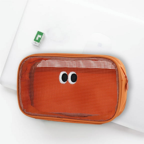 Polyester Cute Big Eyes Mesh Makeup Bag, Large Capacity Digital Organizer, Black Green Orange Pink, 8.27x5.11x2.76in, Multi-Functional