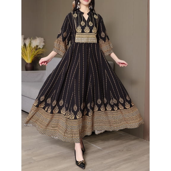 MORTTIC Women's Bohemian Paisley Print V Maxi Dress V-Neck Embroidered 3/4 Sleeve Party Dress, S