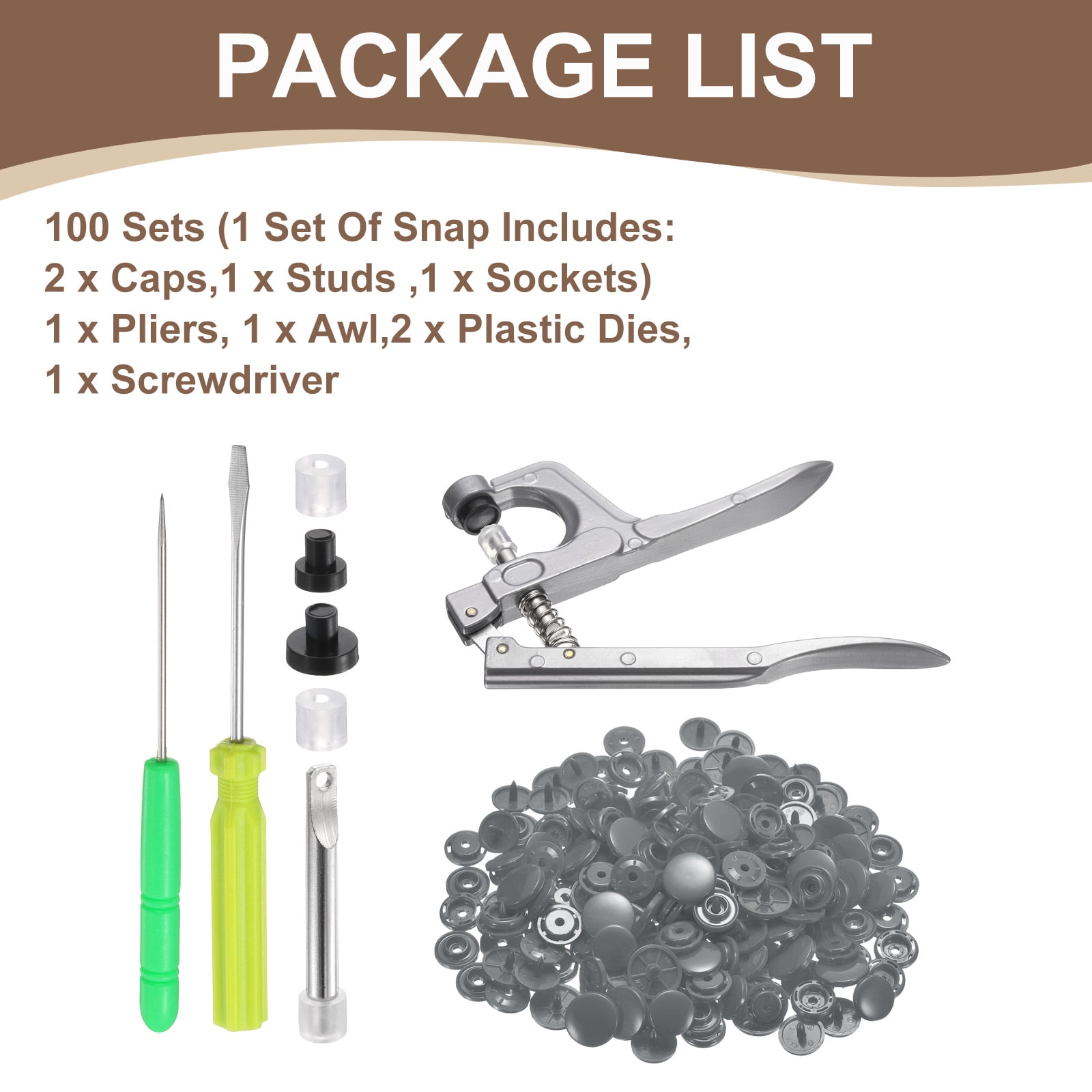 Uxcell Plastic Snaps Fasteners with Snap Pliers, 100 Set T8 Round Resin No-Sew Button Snap Fasteners Kit Grey