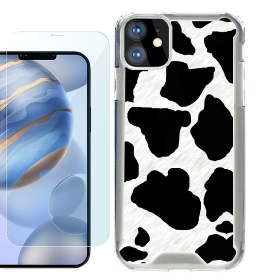 For Apple iPhone 12 Case, iPhone 12 Pro Case, Hybrid Bumper Phone case, with Tempered Glass Screen Protector, by OneToughShield ® - Cow Skin Design