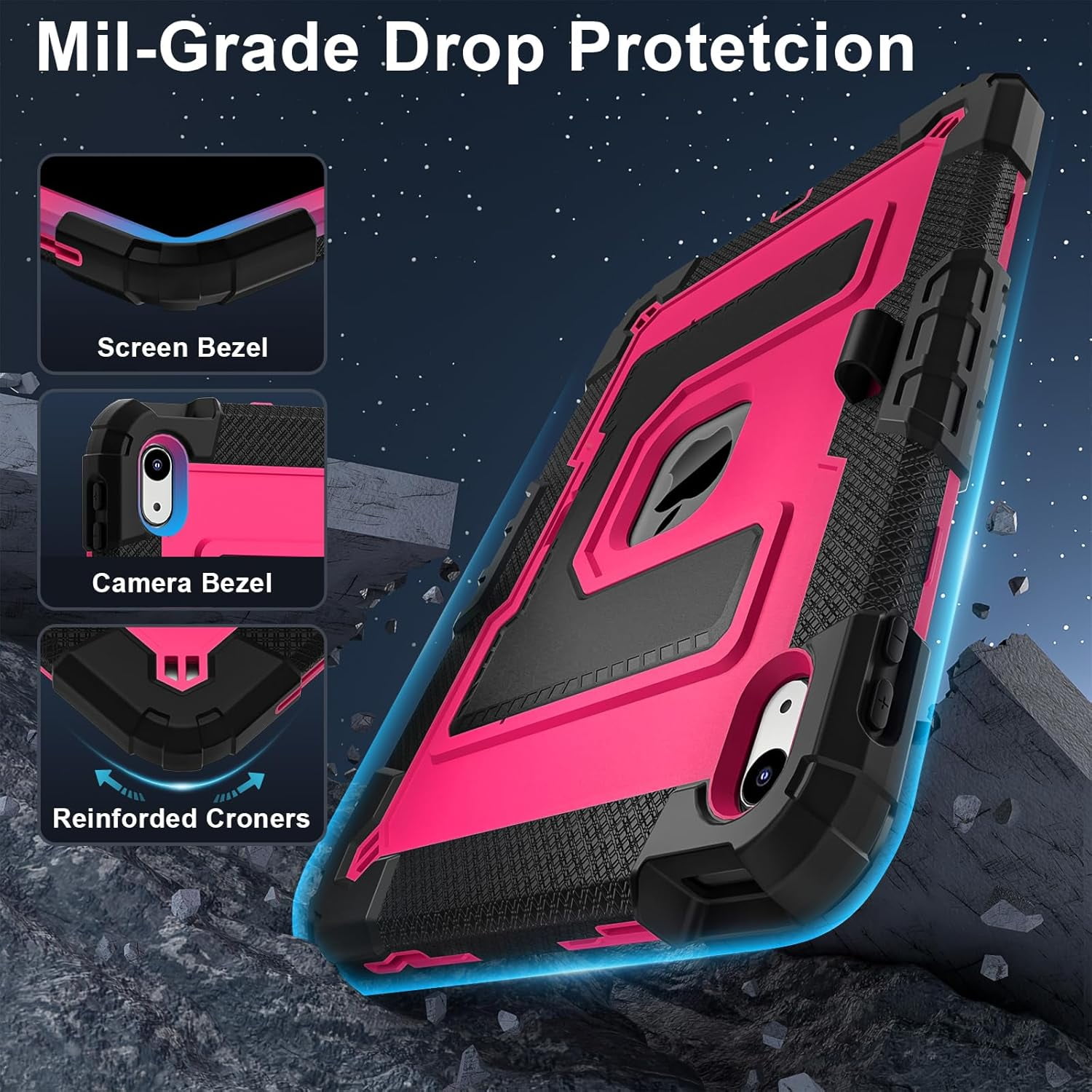 REQO Heavy Duty Protective Tablet Case for iPad 11th/10th Gen 2025/2022, 3 in 1 Robot Silicone Cover with Pencil Holder,Shoulder Strap, Large Bracket Fold Kickstand