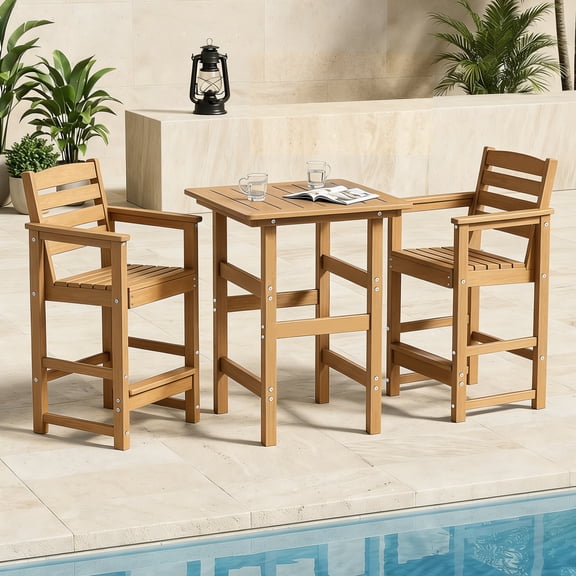 Kaleemen 3 Piece Patio Bar Set, All Weather HDPE Tall Adirondack Chairs Set of 2 and Bar Table for Balcony, Poolside, Bistro, Teak Color