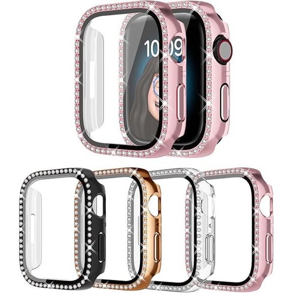 4 Pack Bling Case for Apple Watch SE 2/SE/6/5/4 40mmm, Glitter Rhinestone Diamonds Protective Case with Tempered Glass Screen Protector Replacement Cover for iWatch 2024 (2nd Gen) SE/6/5/4 40mm Women
