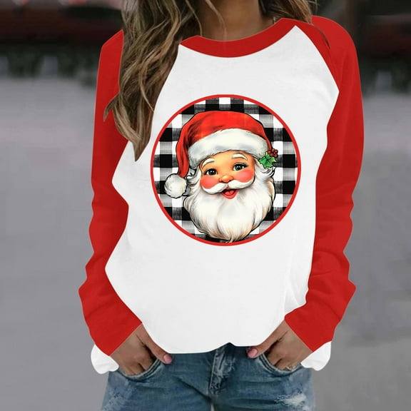 asdoklhq Christmas Shirts for Women Casual Christmas Printed Long-sleeved Round-neck Raglan Sweater Red 3X
