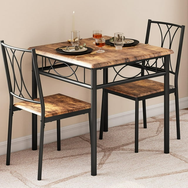 Dining Table Set for 2, 3 Piece Kitchen Table Set with 2 Chairs, Metal Frame, Square Kitchen Table Set for Small Space, Apartment, Dining Room
