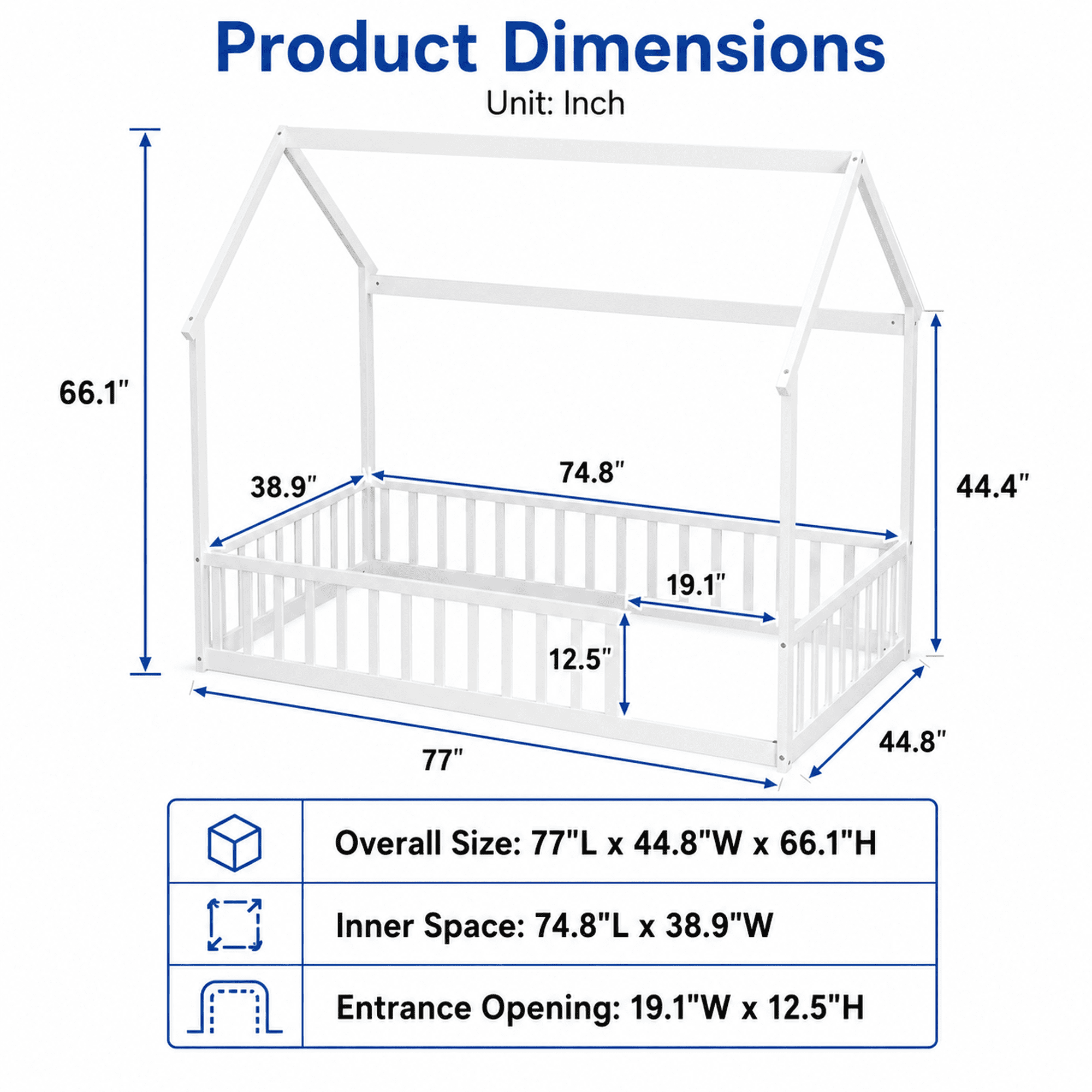 Miniyam Twin Size House Floor Bed for Kids, Wood Low Profile Bed Frame with Guardrails, White