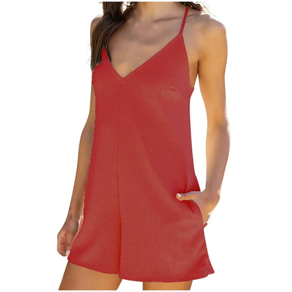 Mrat Women Knitted Short Rompers V-Neck Racerback Jumpsuits Solid Color Wide Leg Short Romper Cami Playsuit with Pocket S-1 Red-a L
