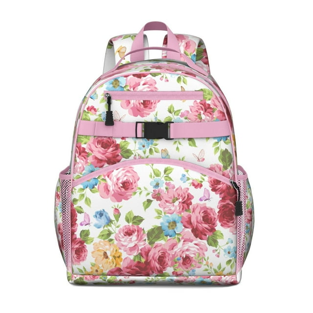 Aesthetic Floral Design School Backpack Adjustable Padded Shoulder Straps Chest Strap Durable Water-resistant Bookbag for Daily Use