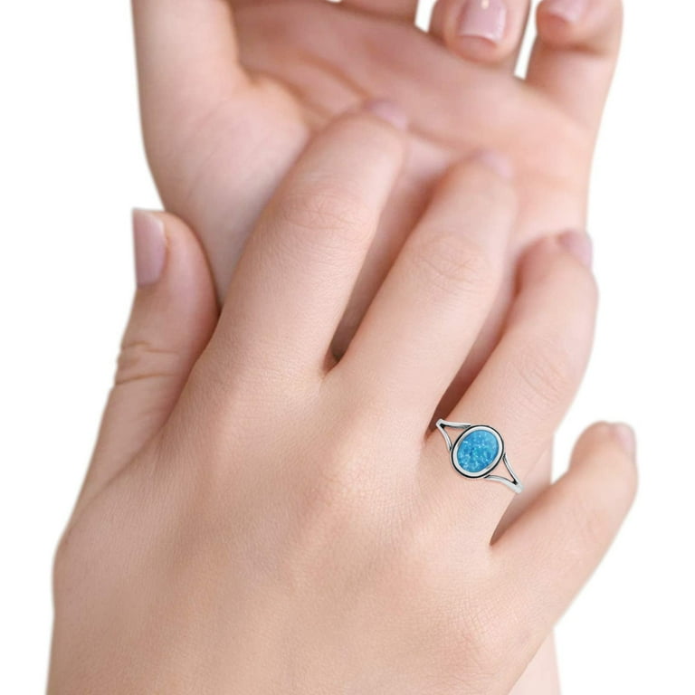 Oval Fashion Ring Lab Created Blue Opal Oxidized Solid 925 Sterling Silver  Size 10