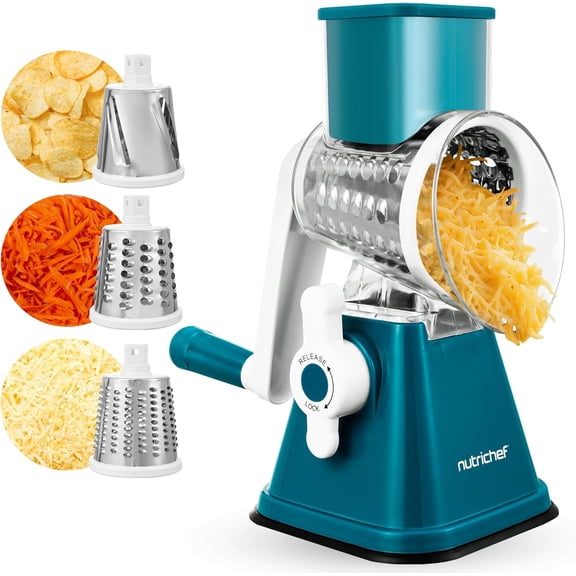 NutriChef 3-in-1 Cheese Grater & Shredder – Rotary Hand-Crank Grater with Strong Suction Base & Safety Lock, Includes 3 Drum Blades for Fine, Medium & Strip Cuts, Green