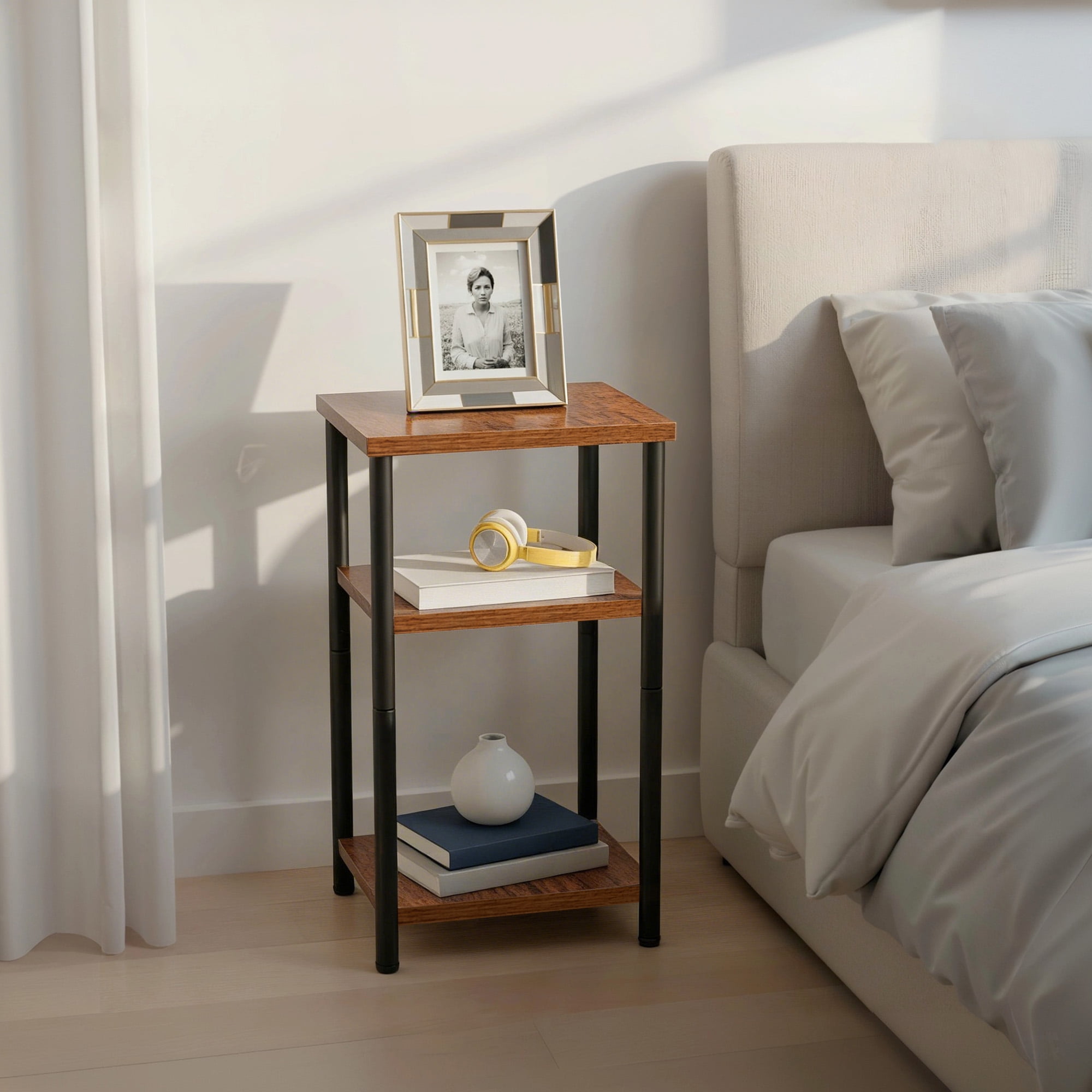 CONCETTA End Table with 3 Shelves, Narrow Nightstand for Small Spaces, Easy Assembly, Ideal for Living Room and Bedroom,Rust Brown