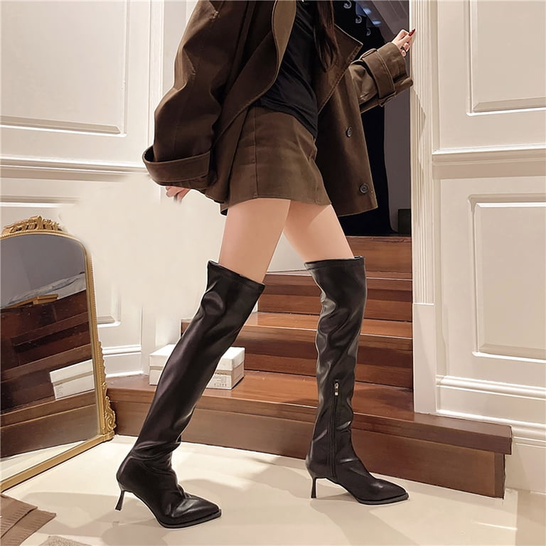 women's tall black dress boots Pointed Toe Knee High Boots, Slim Stiletto Heel Soft Leather Boots, Side Zipper Elegant 6(37) Größe:Größe 10
