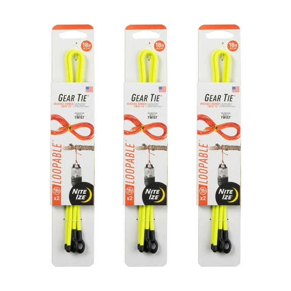 Nite Ize Gear Tie Loopable Twist Tie - Reusable & Flexible Twist Ties - Bendable Cable Ties for Gear & Cords - Loopable Ties for Secure Fastening - 18", Neon Yellow (3 Pack)