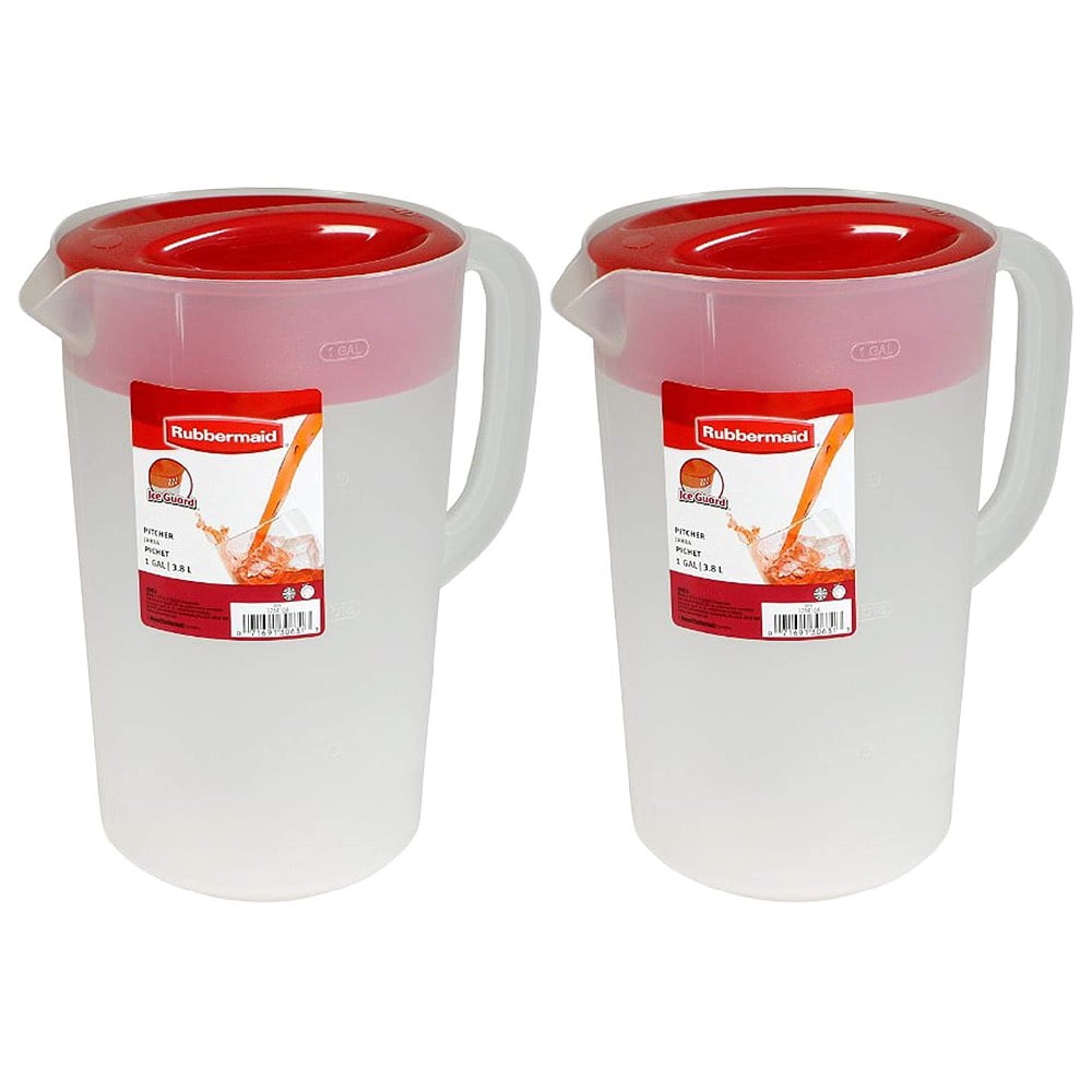 Rubbermaid Pitcher 1 Gallon Plastic Clear Frost Base Red Lid, 2 Pack