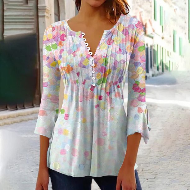 Ichuanyi liquidación de mujeres trompeta casual para mujeres 3/4 manga impresa abotonada corsé de corsé túnica blusas plisadas blusas ICHUANYI WER202308210552