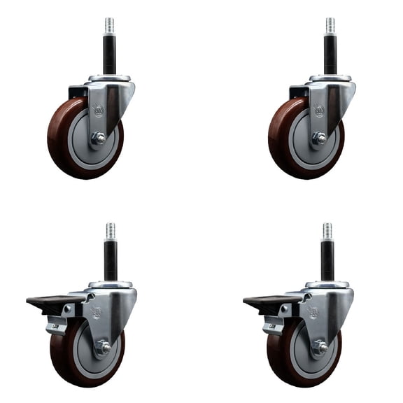 4 Inch Maroon Poly Wheel Swivel 3/4 Inch Expanding Stem Caster Set 2 Brakes SCC