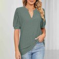 thumbnail image 2 of New summer arrivals Olyvenn Womens Summer Business Casual Blouses Eyelet V Neck Puff Short Sleeve Shirts Hollow Out Cute Lace Tops Green L, 2 of 6