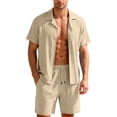thumbnail image 2 of Domuza Short Sets 2 Piece Outfits for Men Casual Short Sleeve Collared Button-Up Tee Shirts and Shorts New Trendy Beach Vacation Clothes Khaki 3XL, 2 of 5
