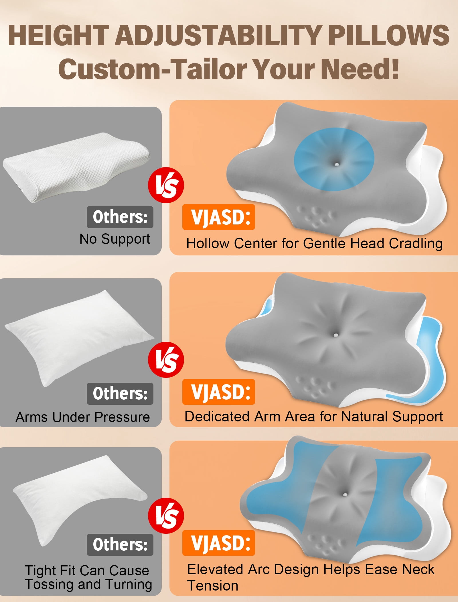 Cervical Neck Pillow for Pain Relief, Contour Memory Foam Pillow for Side & Back Sleepers, Cooling Washable Cover, Dual Height 4.2”/5”, Queen