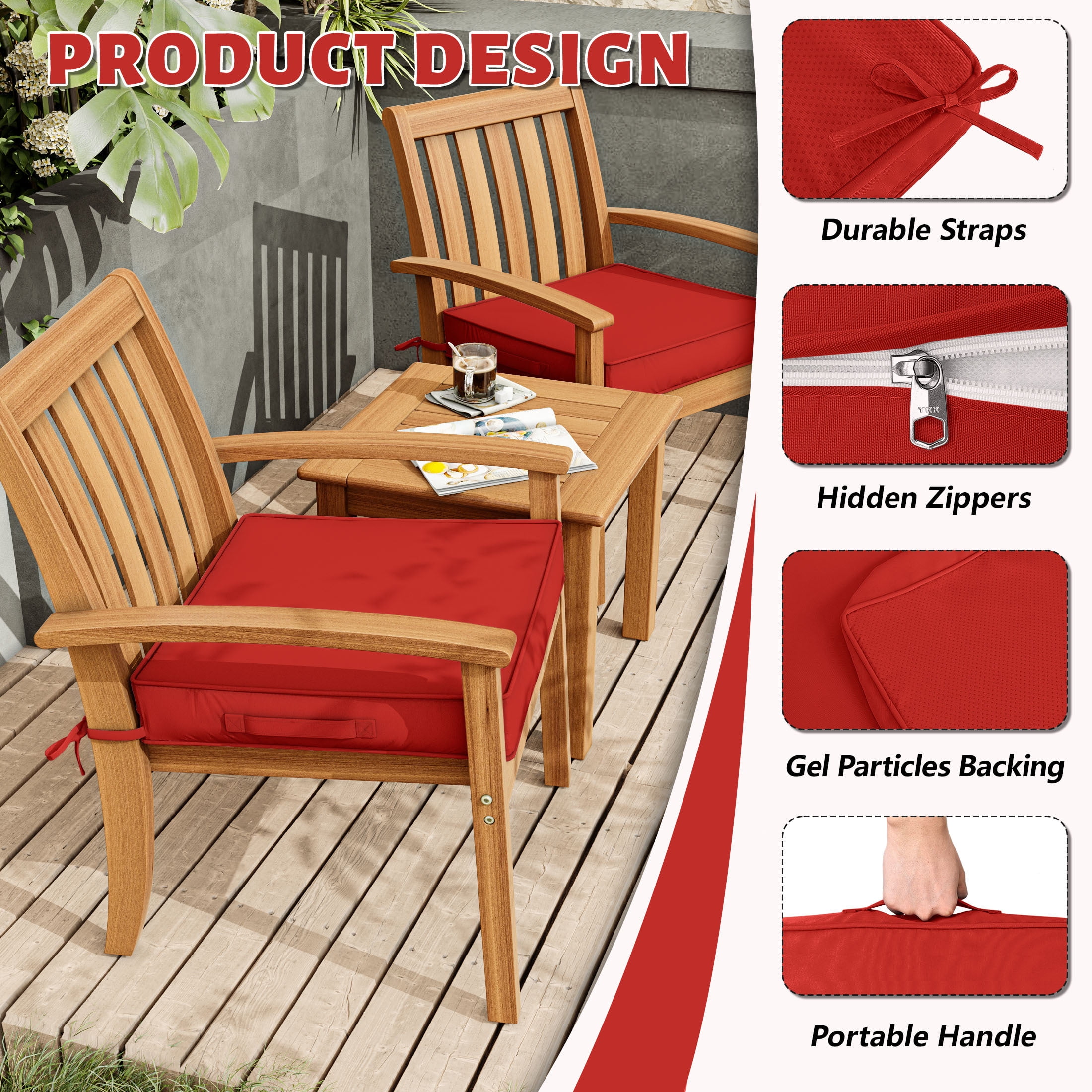 Kimunuk Outdoor Chair Cushions set of 2, 17" x 16" Zipped Waterproof Outdoor Seat Cushions Couch Pads with Ties for Patio Furniture, Red