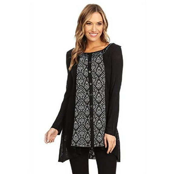 High Secret Women's Black Gray Inner Pattern Button Down Long Sleeve Tunic