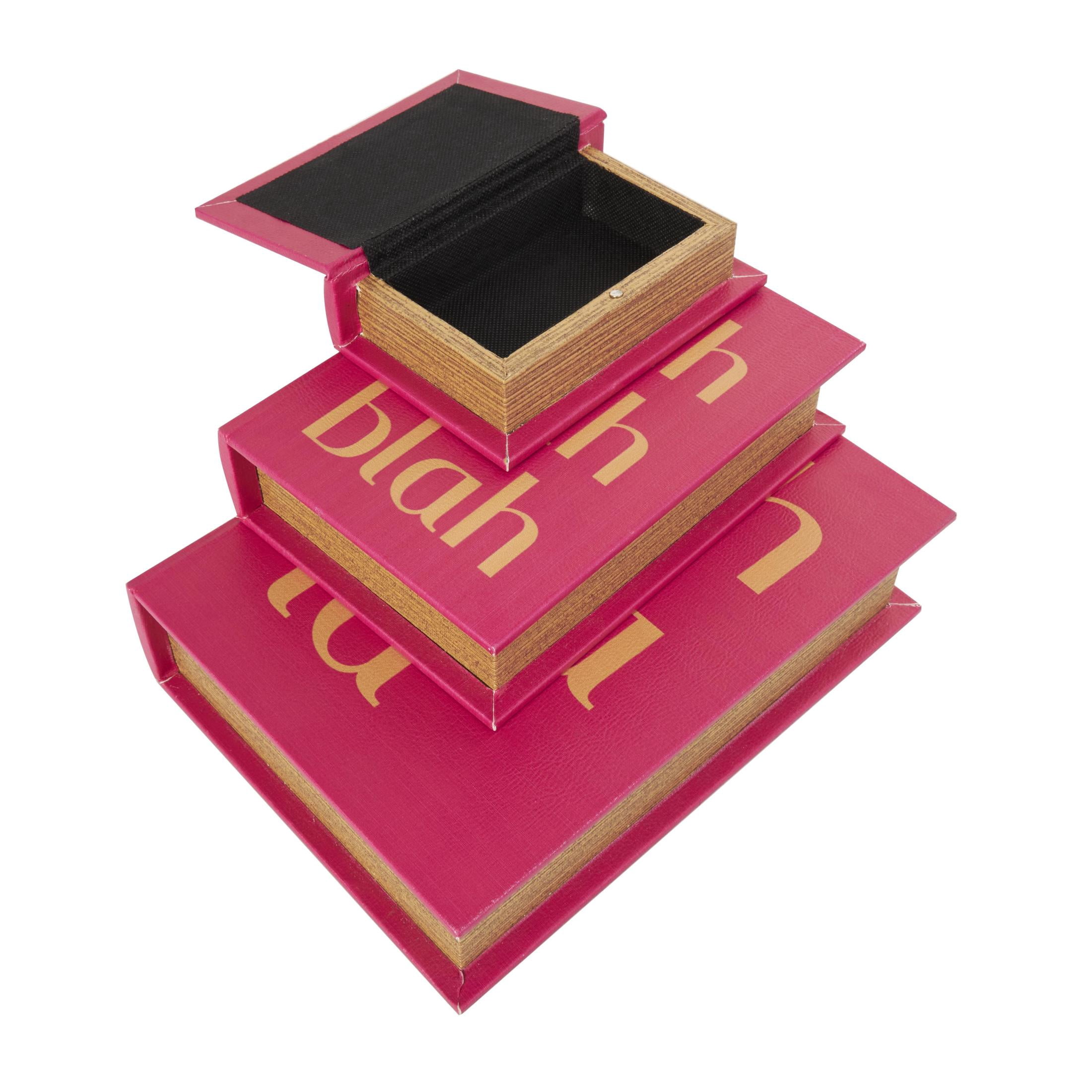 DecMode Text "Ooh La La" Faux Book Storage Red Faux Leather Decorative Box with Gold Lettering, 3 Count